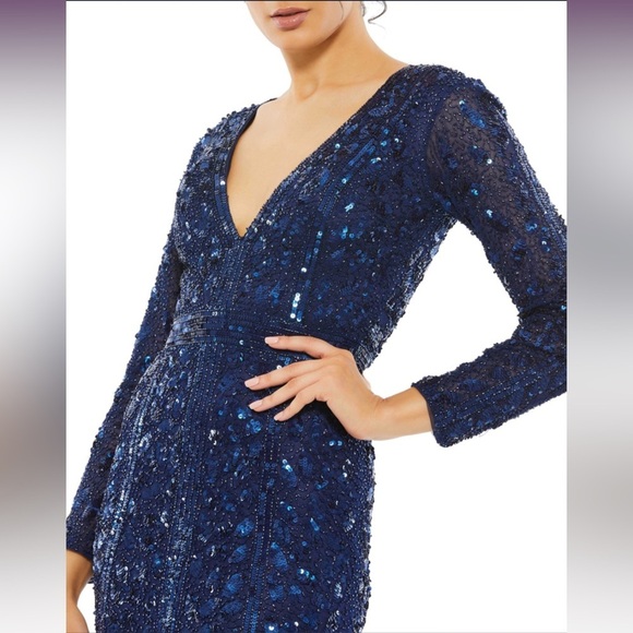 Mac Duggal 5002 Embellished Front Slit Long Sleeve Gown Midnight Blue sz 4 - Picture 2 of 10